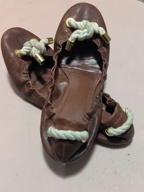 Authentic Tory Burch Brown Leather Rope Bow Ballet Flats 10M